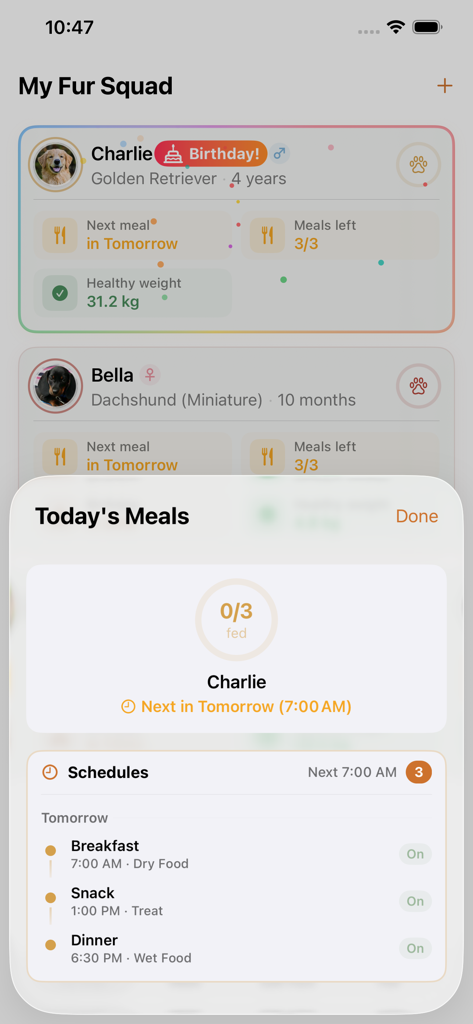 Feed My Dog app interface showing multiple pet profiles and daily feeding schedules for dogs.