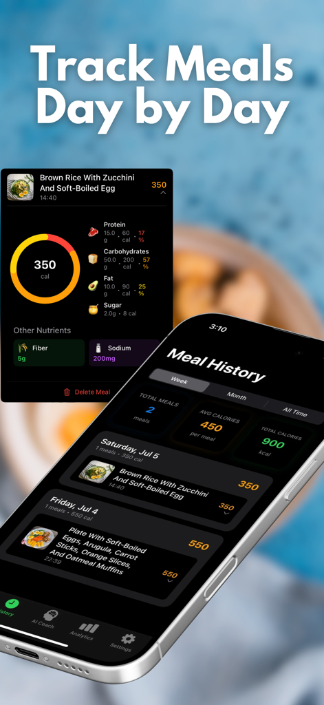 AI Calorie Deficit - SnapCal - Interfaz de la aplicación SnapCal que muestra un registro detallado del historial de comidas y un panel de desglose de macronutrientes de calorías