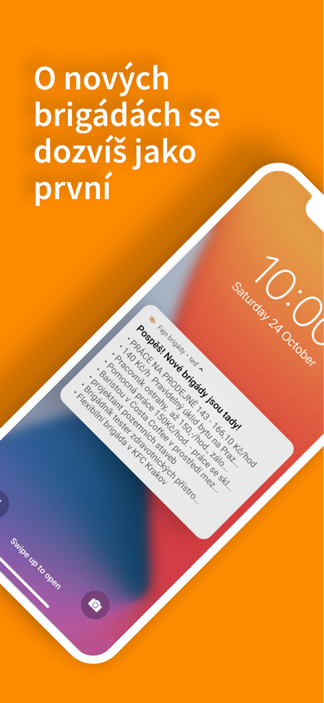 Fajn brigády - iPhone lock screen displaying a push notification with multiple part-time job listings from the Fajn brigády app.
