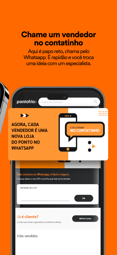 Pontofrio: Compre online - Schermata dell'app Ponto che mostra la chat diretta di WhatsApp con un venditore.