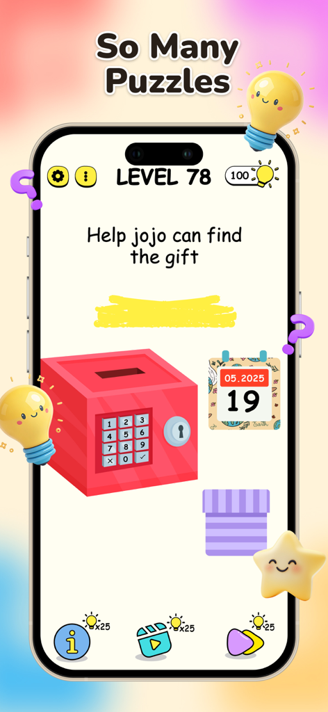 Brain IQ: Puzzle & Logic Games - Brain IQ App-Screenshot, der ein Logikrätsel-Level mit einem roten Safe und einem Kalender zeigt