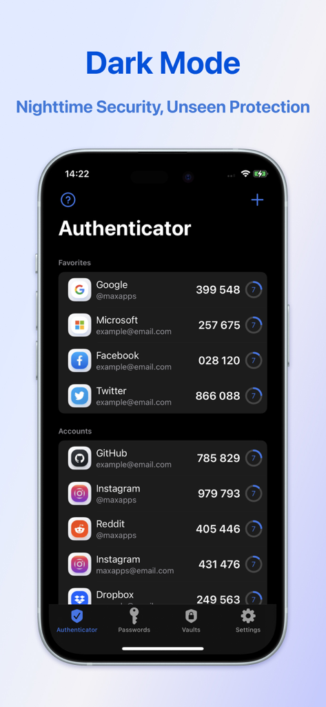 Authenticator app interface shown in dark mode displaying multiple account two-factor authentication codes