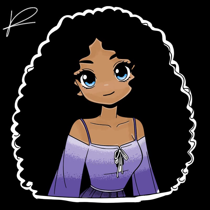 a black anime girl with long afro hair