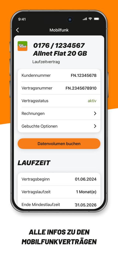 Captura de pantalla de la aplicación klarmobil mostrando detalles del contrato móvil, incluido el plan de datos y el estado del contrato