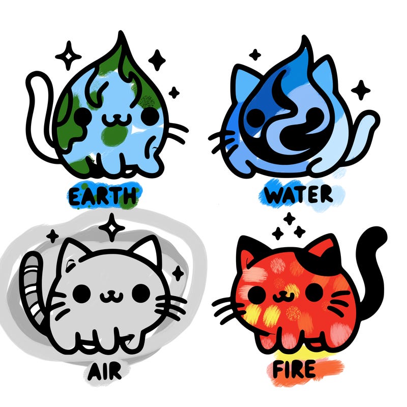 4 cats that represent the different elements, earth, water, air, and fire
