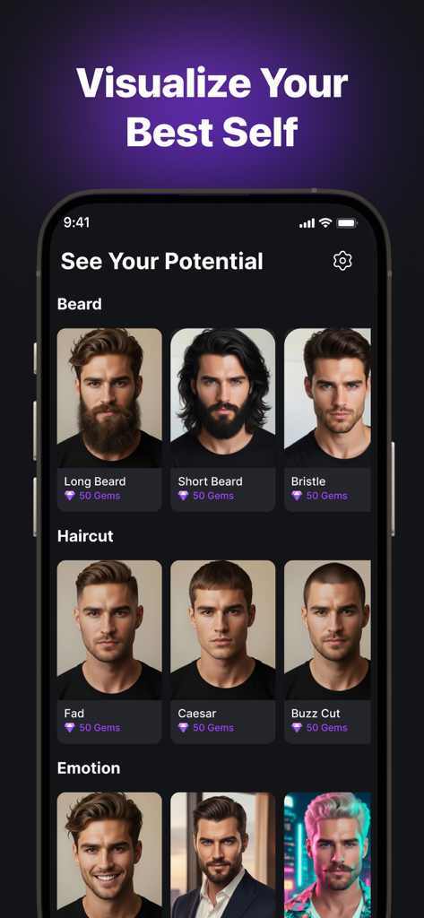 UCHAD - See Your Potential - Interfaz de la aplicación UCHAD que muestra varias opciones de estilo de barba y corte de pelo para la visualización del aseo masculino