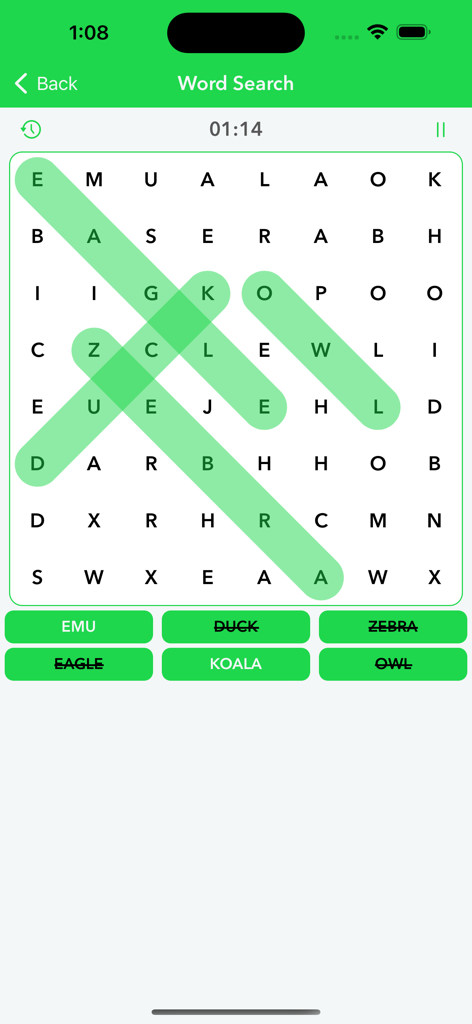 Wordscapes Word Search - A word search puzzle grid with words like zebra and eagle highlighted in green