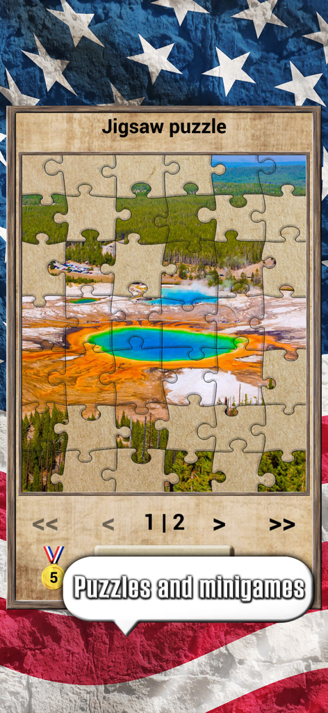 USA Geography quiz app screenshot showing a jigsaw puzzle of a colorful national park thermal spring