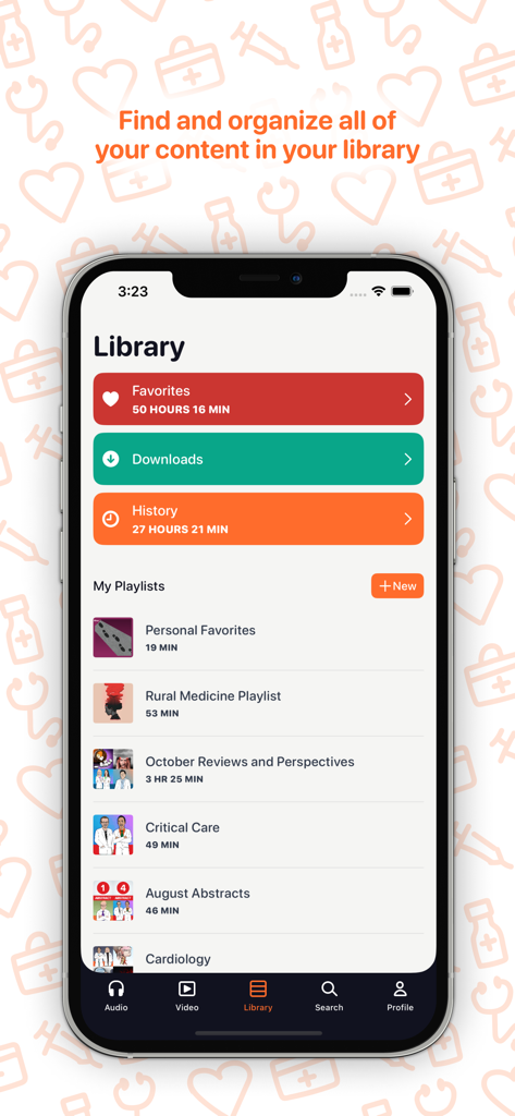 A screenshot of the EM RAP app library showing various medical education playlists like rural medicine and critical care