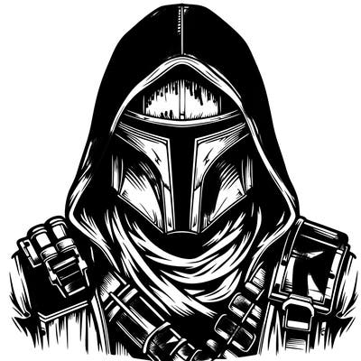 realistic warrior bounty hunter with mask and hood on