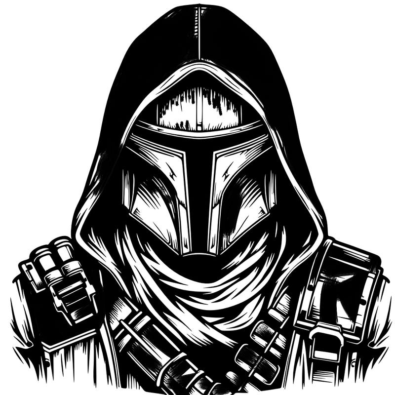 realistic warrior bounty hunter with mask and hood on