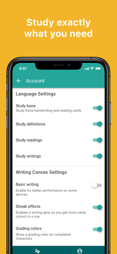 A smartphone displaying the Skritter app settings screen with options to toggle study preferences for kana, definitions, readings, and writings.