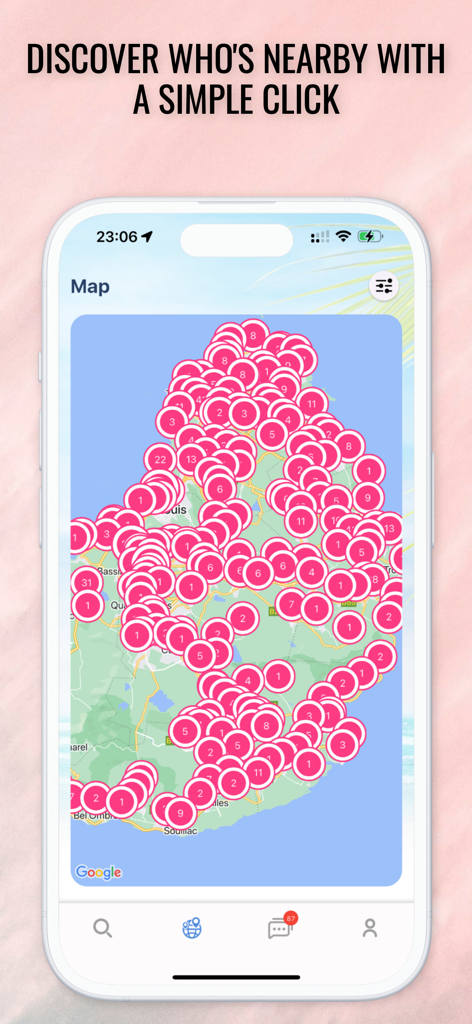 Interactive map showing nearby users on the Lovisland dating app