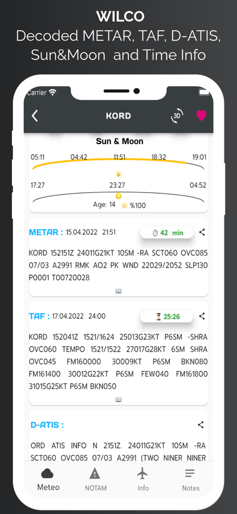 WilCo - Pilot Aviation Weather - WilCo app interface showing aviation weather data including METAR, TAF, D-ATIS and sun and moon times for Chicago OHare airport.