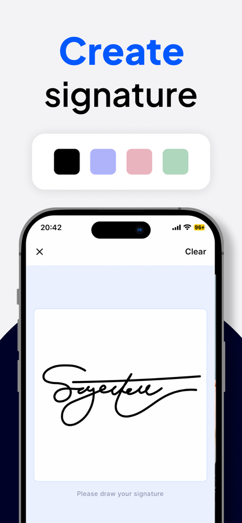 Sign Documents App - 複数のカラーオプションでカスタム手書き署名を描画するための画面を示すモバイルアプリインターフェイス。