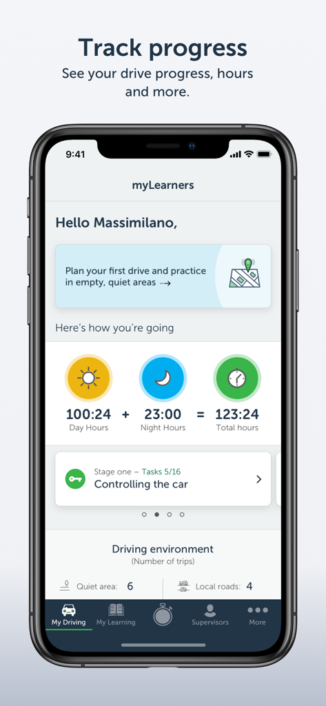 myLearners - Screenshot of the myLearners app dashboard showing logged day and night driving hours and task progress