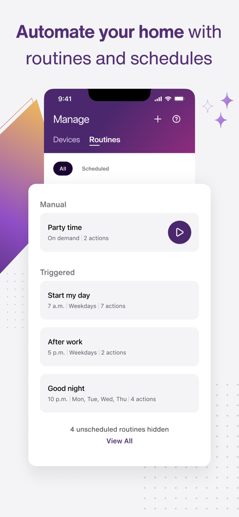 TELUS SmartHome plus app interface showing home automation routines and schedules