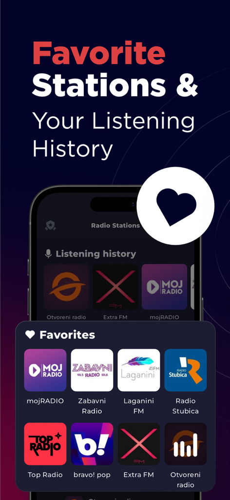 Radio Croatia FM Live Online - Interface do aplicativo Rádio Croácia mostrando estações favoritas e histórico de audição