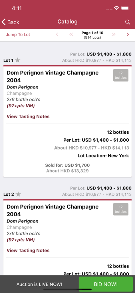 Acker Wines - Auction catalog screen in the Acker Wines app featuring vintage Dom Perignon champagne and a live bid button