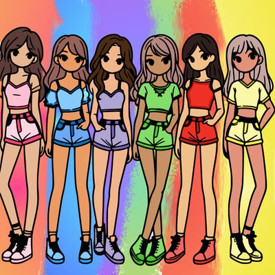 a group of girls wearing crop tops and shorts