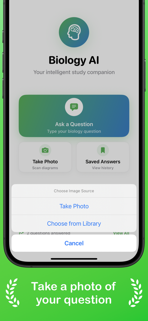 Biology AI: Homework Solver - Biology AI app home screen showing the photo source selection menu with options to take a photo or choose from library.