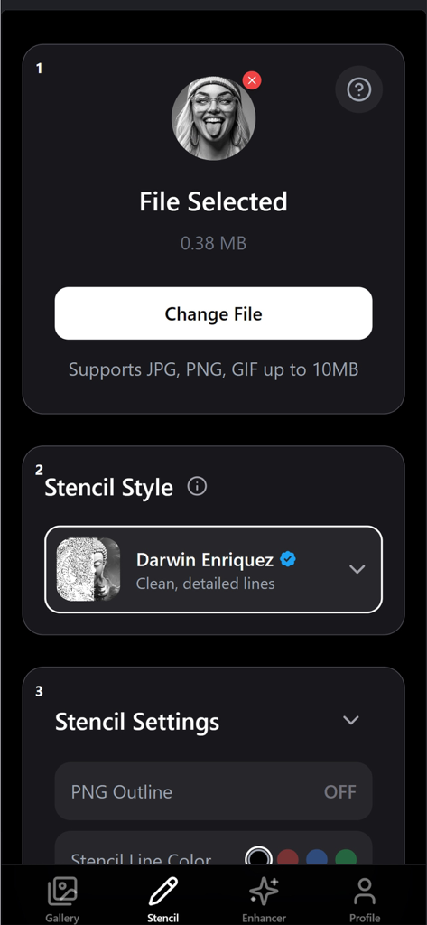 TattooStencilPro - AI Powered - Interface of TattooStencilPro showing file selection and AI stencil style options