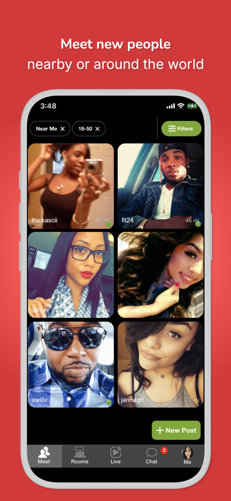 Pantalla de la aplicación Moco que muestra una cuadrícula de perfiles de usuario para conocer gente nueva cerca