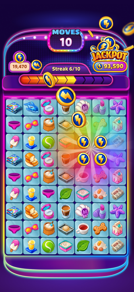 Gameplay screen of Merge Cruise Mystery Puzzle showing a puzzle board with a jackpot event and various items.