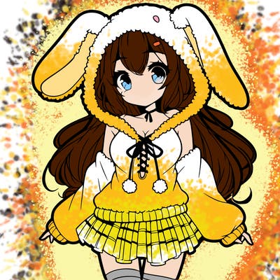 pretty anime girl wearing a fluffy hoodie with bunny ears on the hood and a skirt