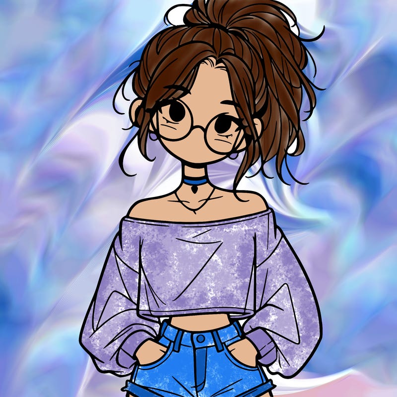 girl with a messy ponytail glasses a baggy crop top and jean shorts