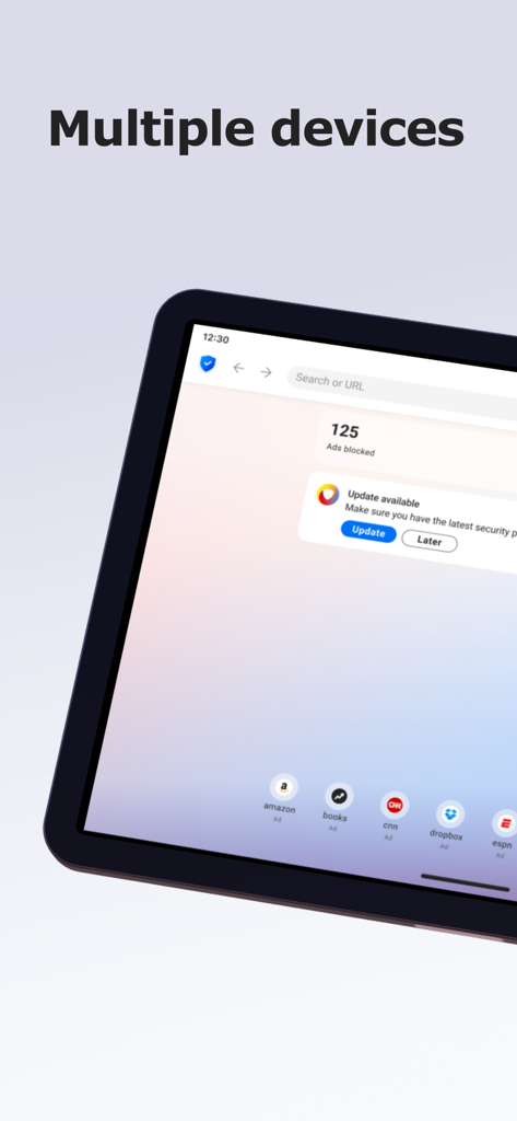 Interface do Norton Private Browser exibida em uma tela de tablet com o título Vários dispositivos.