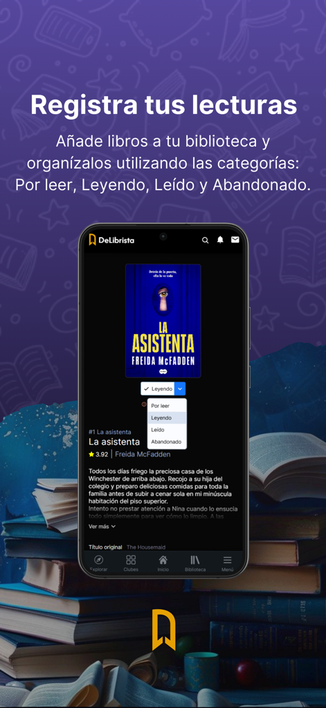 DeLibrista - Smartphone screen of DeLibrista app displaying a book profile with options to categorize reading status.