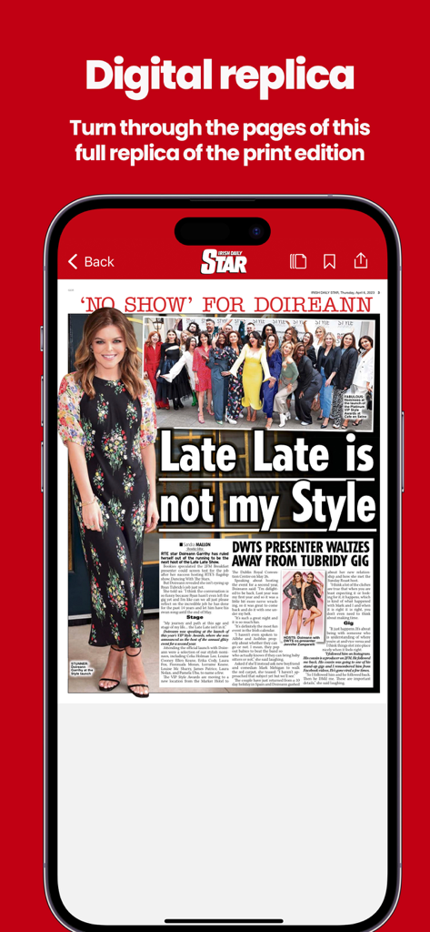 Écran de smartphone montrant une réplique numérique de l'édition imprimée de l'Irish Daily Star