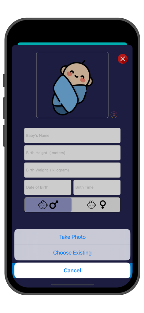 Colic: Sleep Sounds & Musics - Form to enter baby name birth details and gender in the sleep sounds app