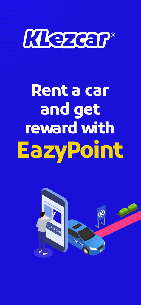 EazyPoint와 모바일 잠금 해제 일러스트로 자동차 렌탈 보상을 홍보하는 Klezcar 앱 화면