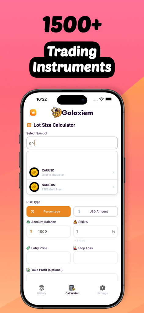 Galaxiem App-Oberfläche, die Lot-Größenberechnung und über 1500 verfügbare Handelsinstrumente für Forex und Rohstoffe zeigt