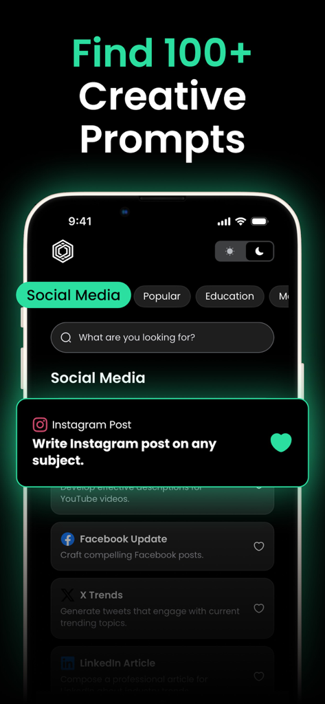 ChatBy AI Chat Bot and Creator - ChatBy app interface showing a list of creative prompts for social media content creation.