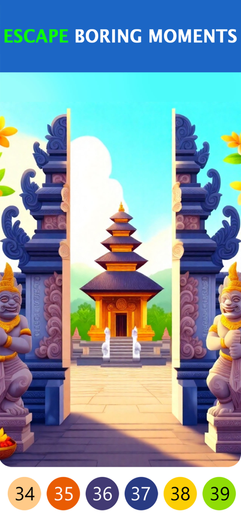 Interfaz de la aplicación Coloria Bloom que muestra un paisaje sereno de templo asiático con botones de pintar por números.