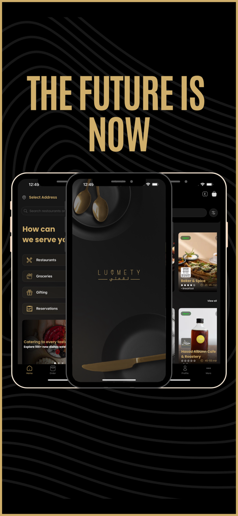 Lugmety | لقمتي - Lugmetyモバイルアプリのインターフェース、食品配達とレストラン予約サービスを表示