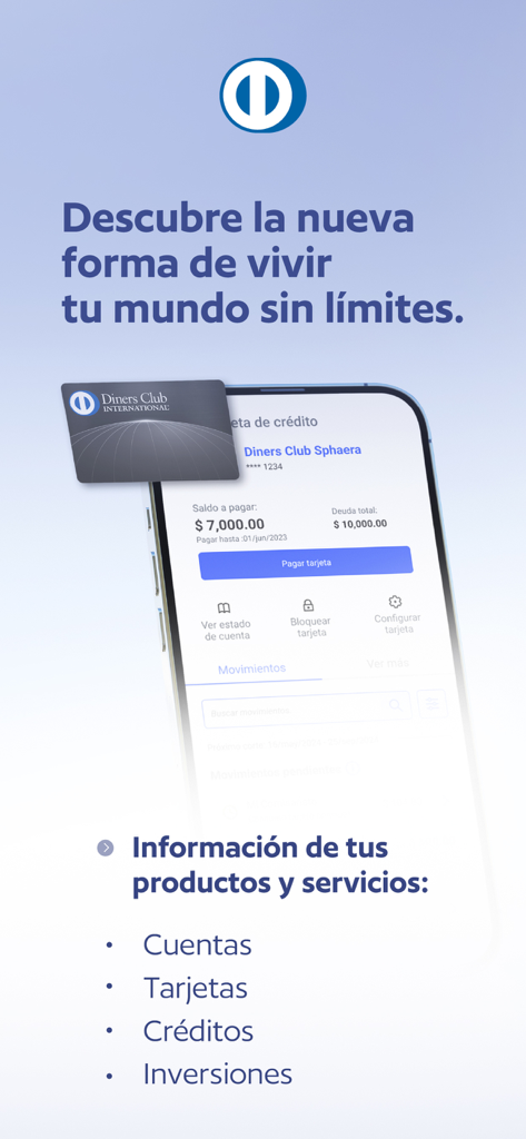 Interfaz de la aplicación móvil blu Empresas de Diners Club que muestra el saldo de la tarjeta de crédito y las opciones bancarias.