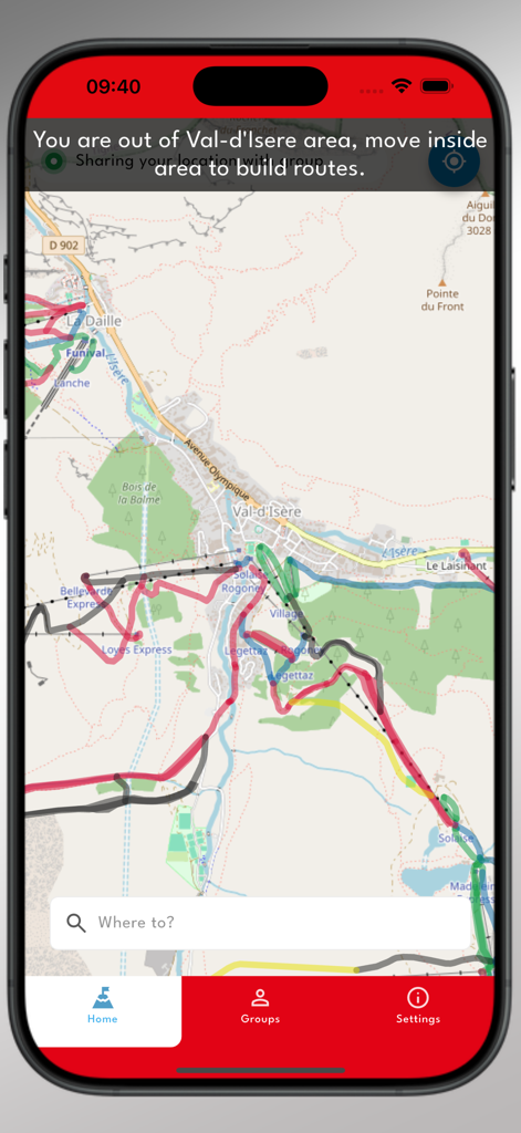 Interface de l'application mobile Piste Mapper montrant une carte de navigation numérique de la station de ski de Val d Isere avec des pistes colorées