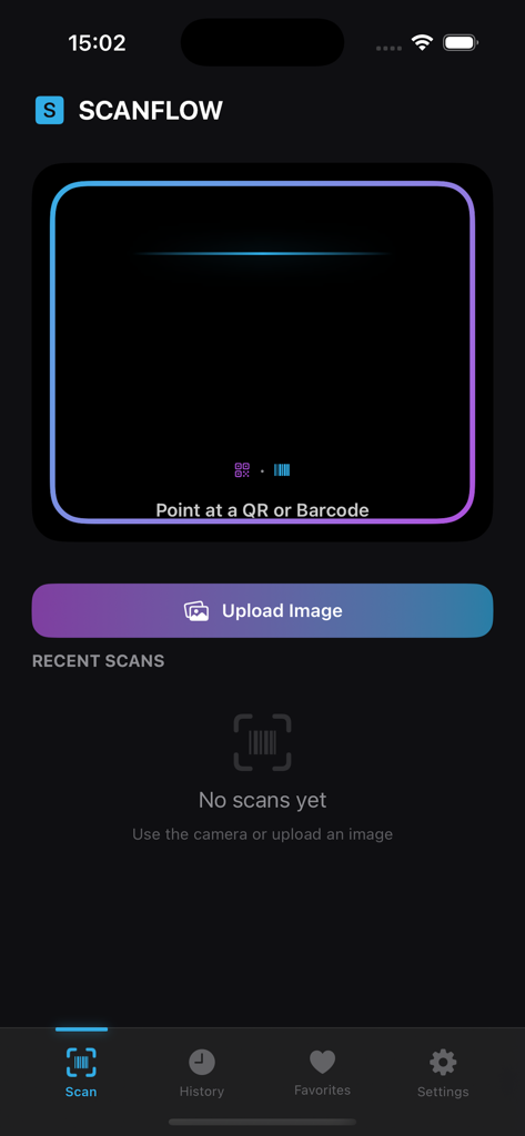 Main interface of Easy Barcode Scanner app showing QR code viewfinder and upload image button