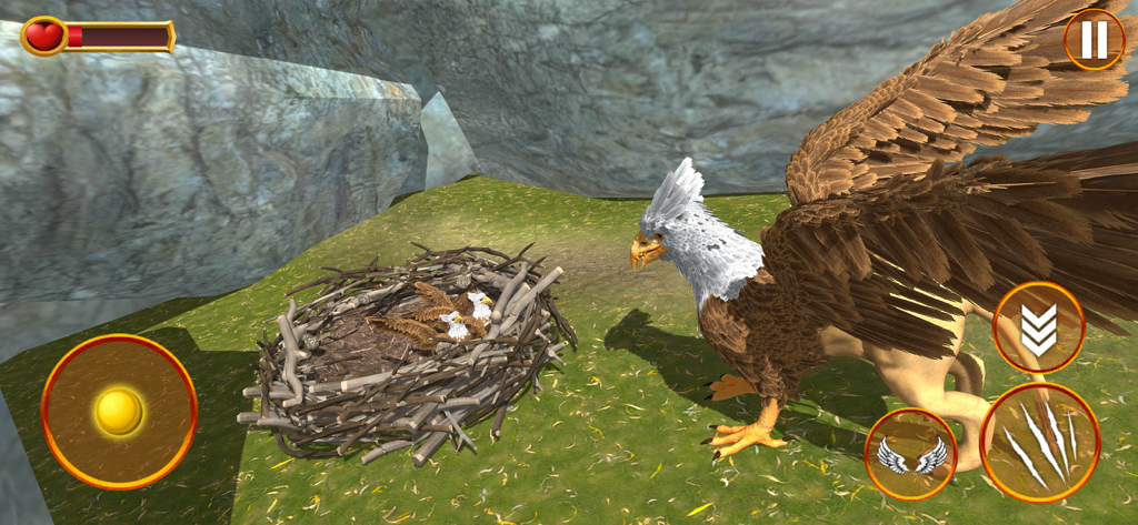 Griffin Life Simulator Game - A griffin standing next to its nest with small offspring in a 3D simulation game environment