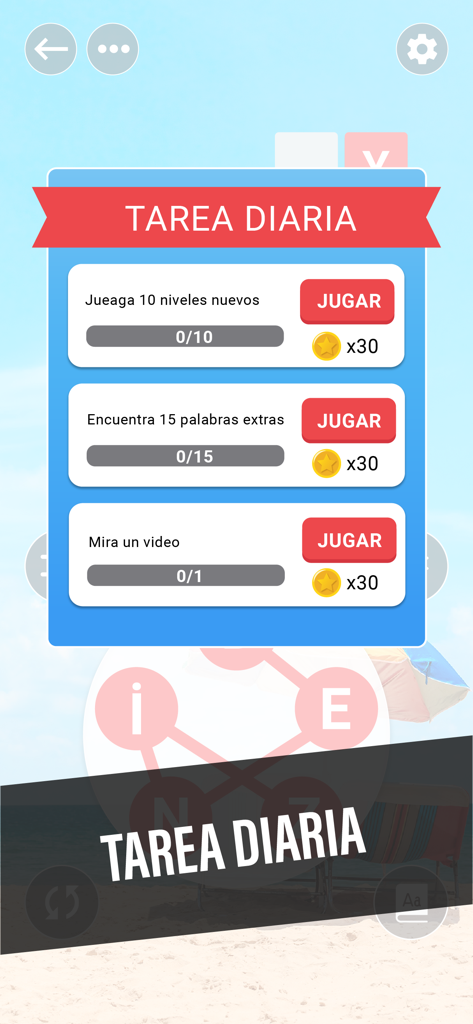 Spanish crossword game interface showing daily tasks and coin rewards