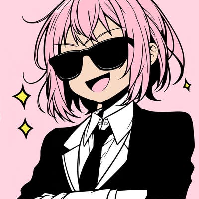 anime girl with sunglasses making a grin in a suit and tie