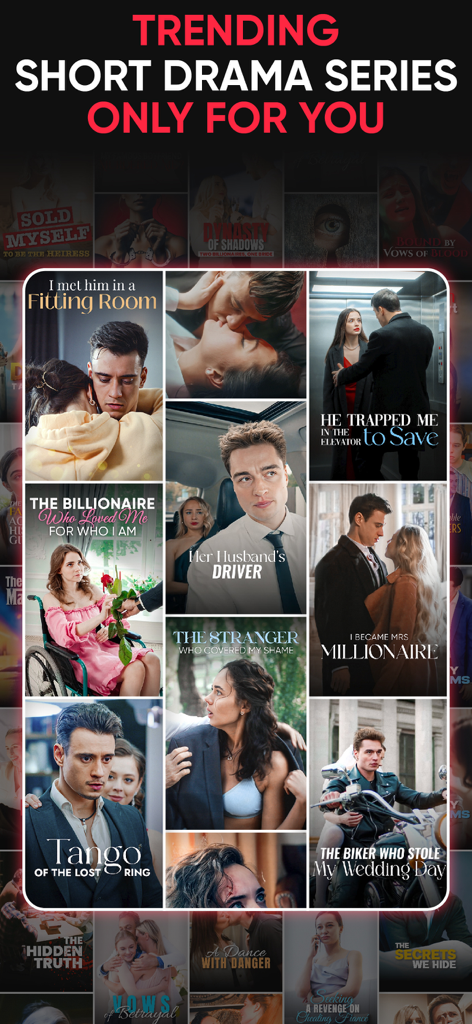 Reel TV - Watch Short Drama - Trending short drama series posters on the Reel TV app interface featuring romantic and dramatic titles.