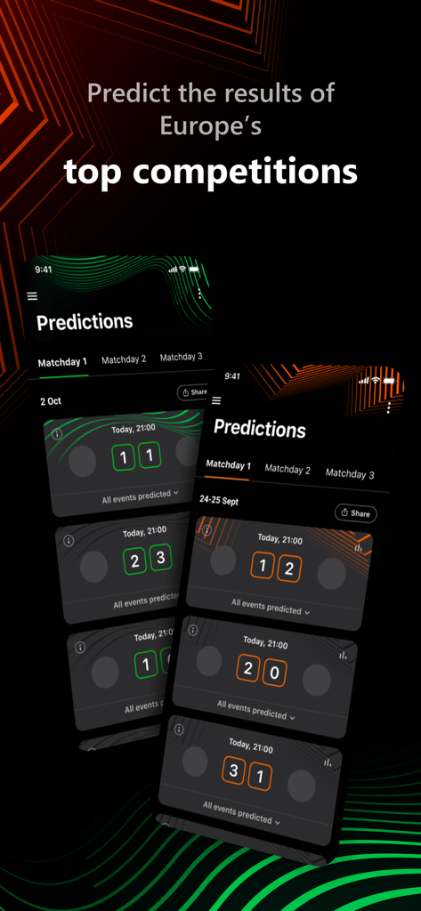 Two mobile phone screens showing football score predictions in the UEFA Gaming app