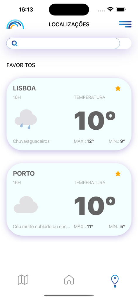Meteo IPMA - Meteo IPMA app interface showing favorite weather locations for Lisbon and Porto