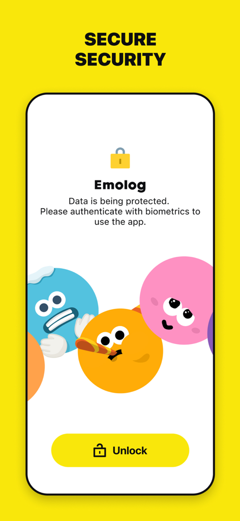 Security screen of the Emolog app featuring a biometric unlock prompt and cute animated characters