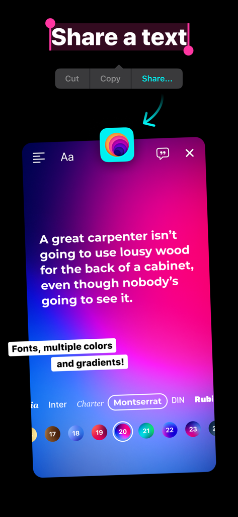 The to Stories app text sharing interface showing font and gradient options for creating aesthetic Instagram Stories.